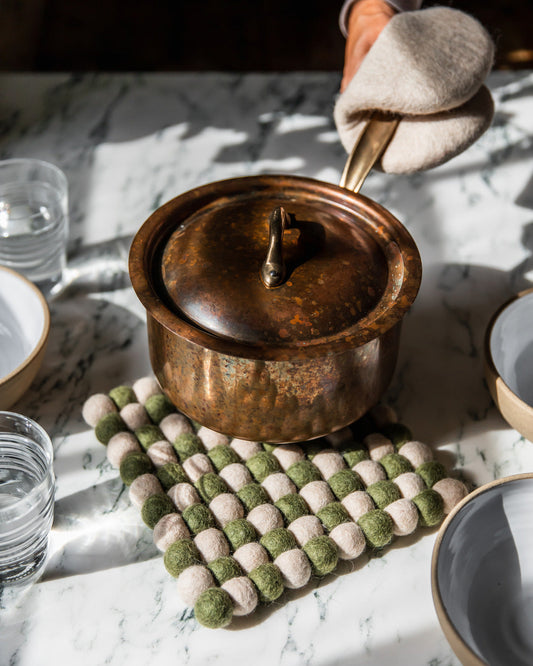 Artisan Felt Pom Pom Trivet - Natural & Moss
