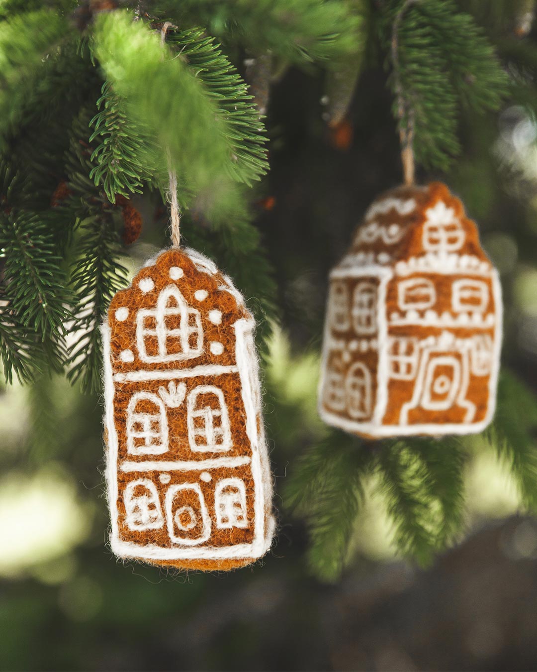 Farmhouse Pottery felted dutch house ornaments.