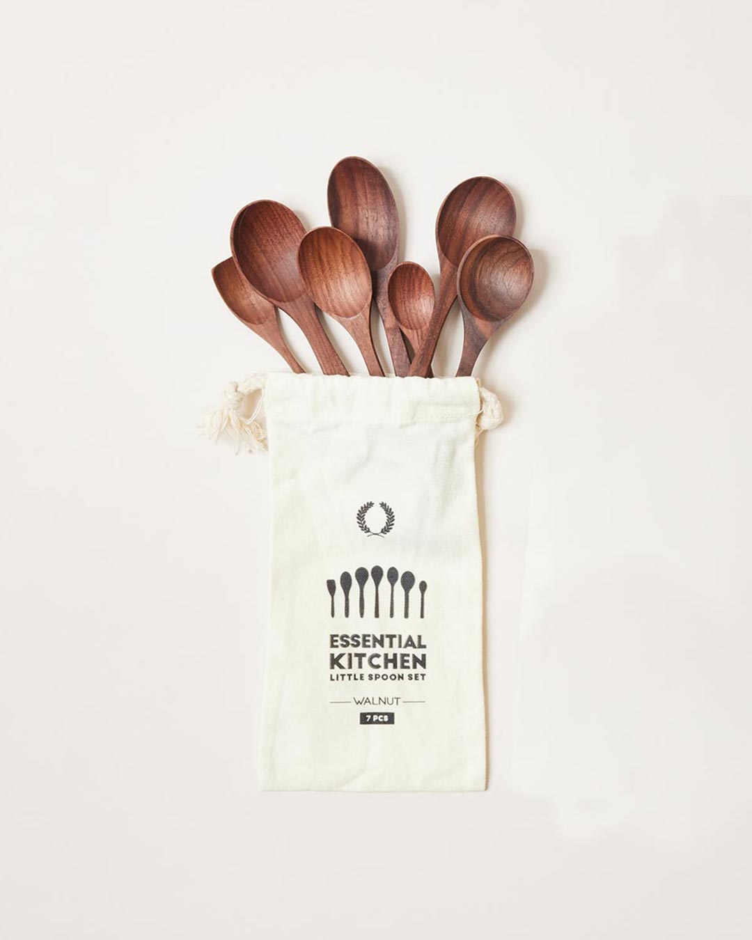 Farmhouse Pottery essential kitchen little spoon set of 7 in walnut in bag. 