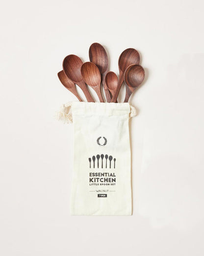 Farmhouse Pottery essential kitchen little spoon set of 7 in walnut in bag. 