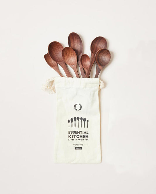 Farmhouse Pottery essential kitchen little spoon set of 7 in walnut in bag. 