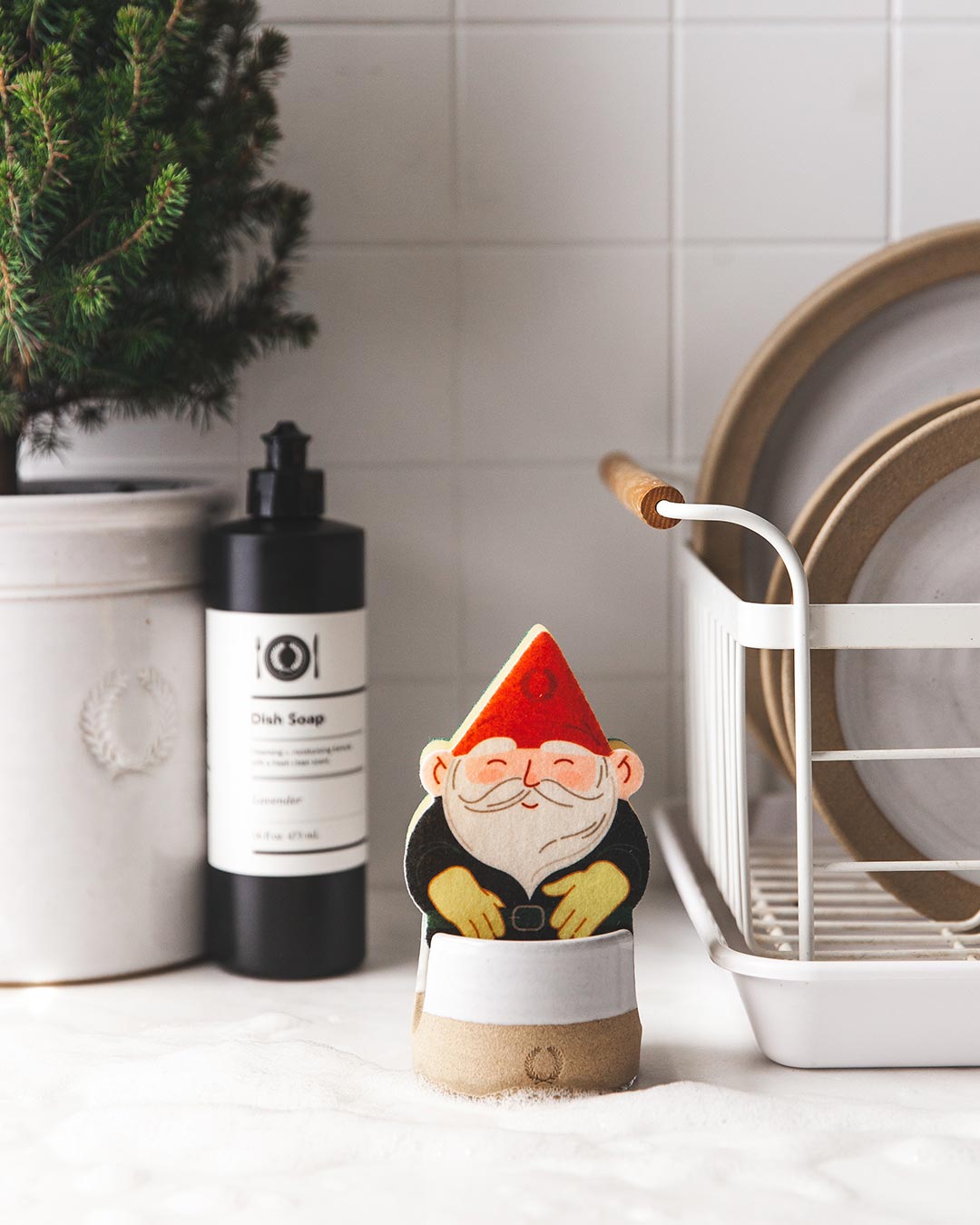 Farmhouse Pottery Gnome Sponge with simple sponge holder. 