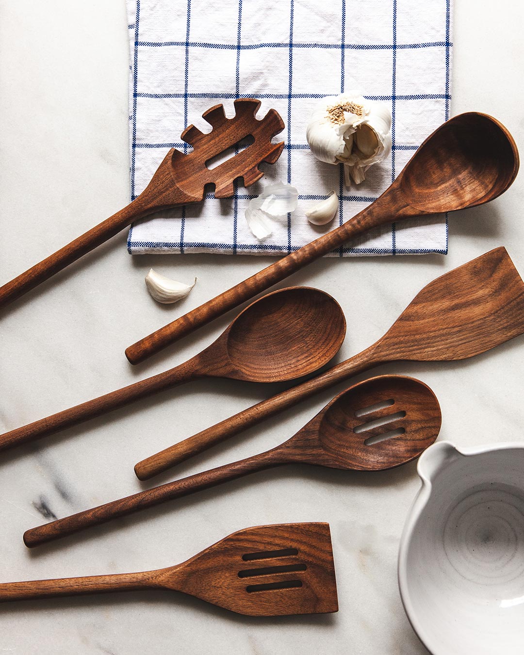 Farmhouse pottery essential kitchen utensils set of 6 in walnut. 