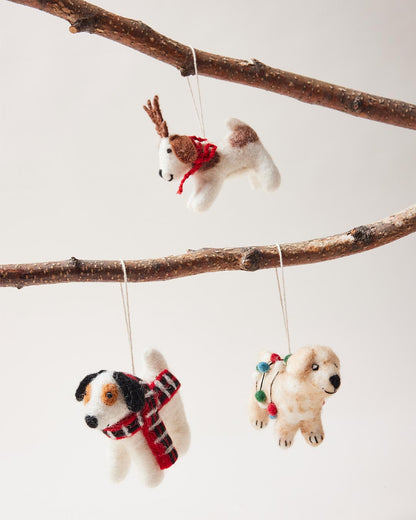 Farmhouse Pottery felted festive pup ornaments pack of pups. 
