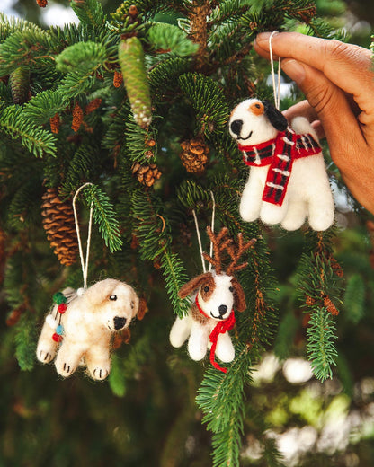 Farmhouse Pottery Felted festive Pup Ornaments.