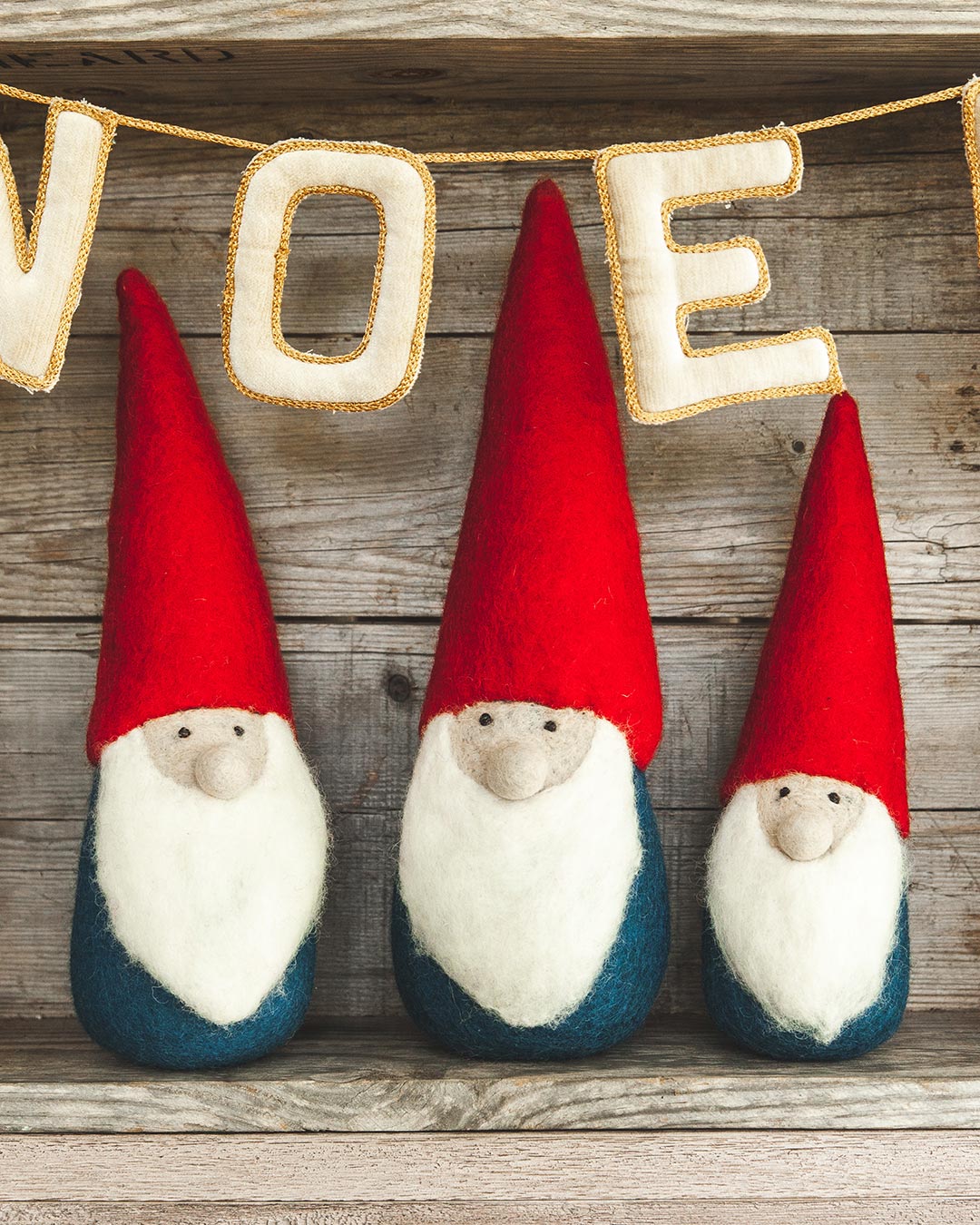 Nordic felted gnomes in three sizes with holiday greeting noel.