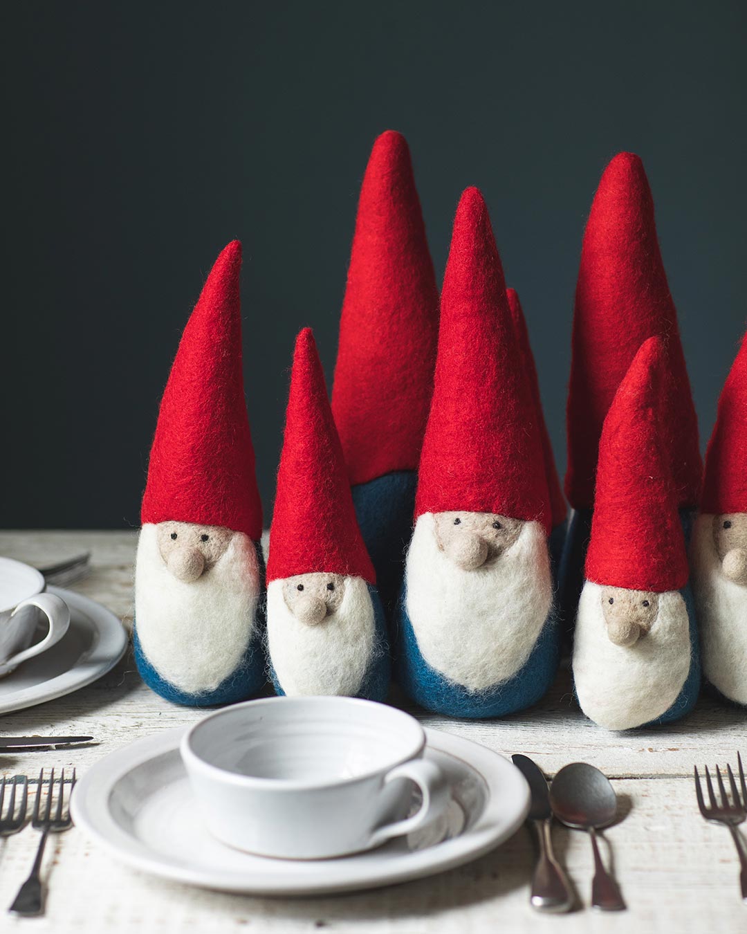 Farmhouse Pottery Nordic felted gnomes on table. 