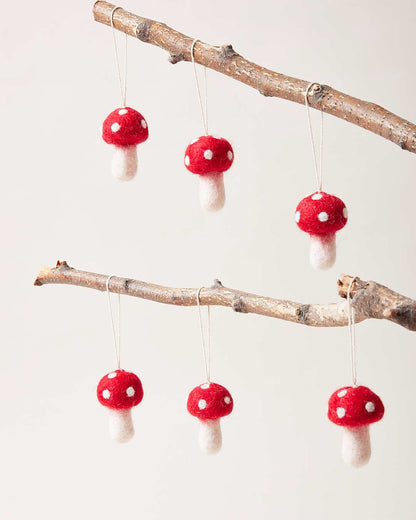 Farmhouse Pottery nordic felted mushroom ornaments mini set of six.