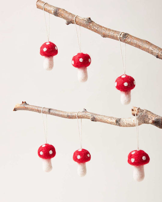 Farmhouse Pottery nordic felted mushroom ornaments mini set of six.