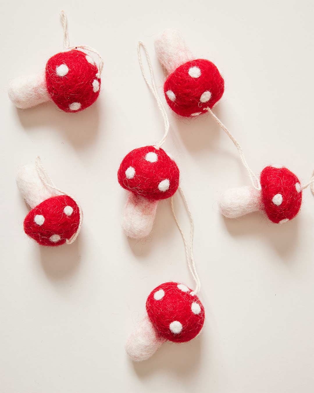 Farmhouse Pottery nordic felted mushroom ornaments mini set of six. 