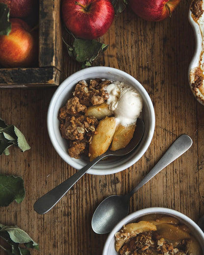 Farmhouse Pottery Silo Bowl With Apple crisp and ice cream.